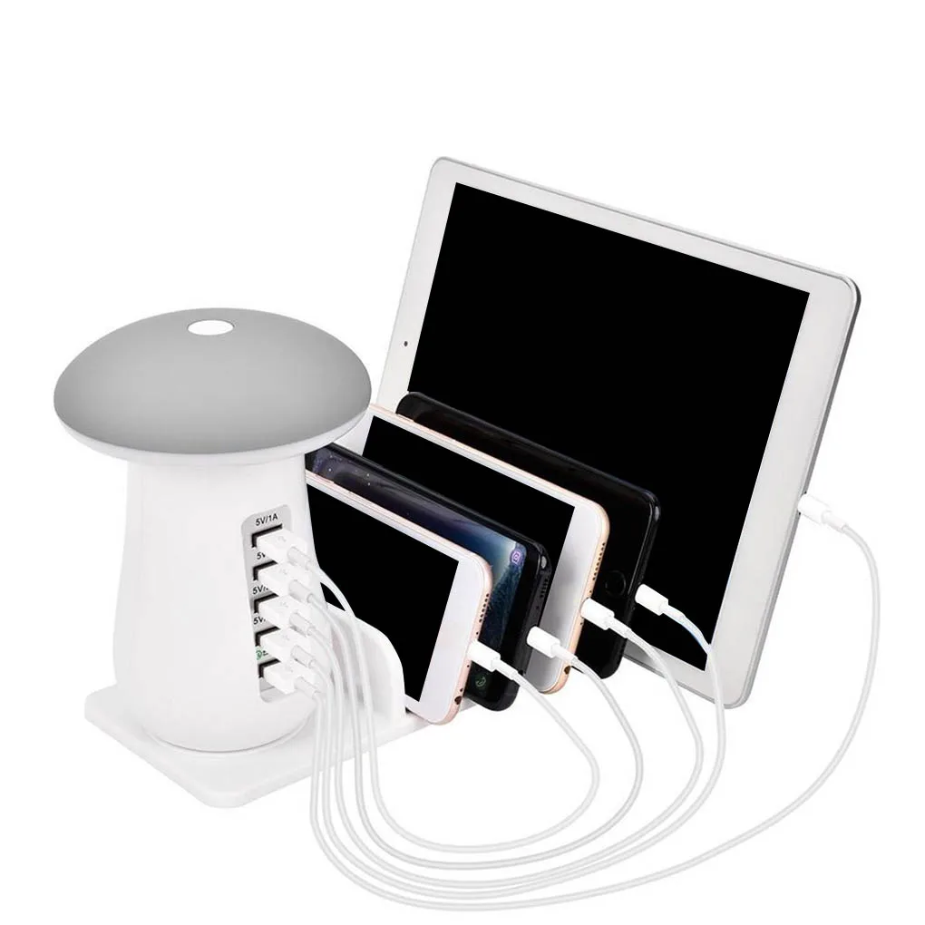 Ночник в форме машрума, Настольный светильник с 5 usb-портами, зарядным адаптером для мобильного телефона 30 Вт 3,0, быстрое зарядное устройство