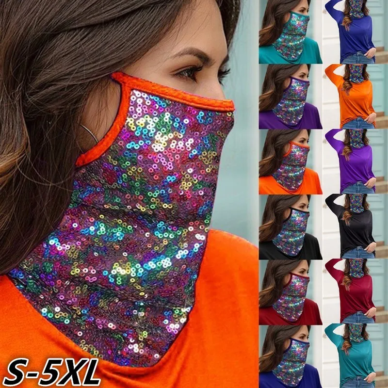 

Women Casual Multifunctional Dust-proof Sequined High Neck Long-sleeved T-shirt 2020 Fashion Solid Mask Loose Plus Size Tops