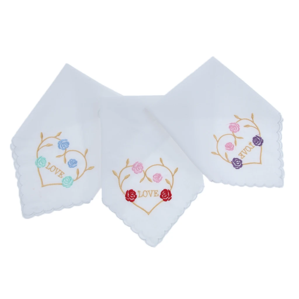 Ladies Ladies Cotton Heart Floral Embroidery Handkerchiefs Hanky ​​Set From 3