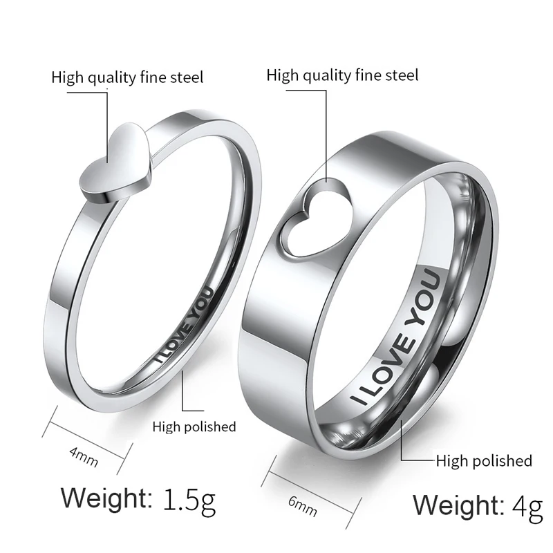 Heart Couple Rings For Lovers Stainless Steel Wedding Ring Set Women Love Jewelry Silver Color Valentine's Day Anniversary Gift 6