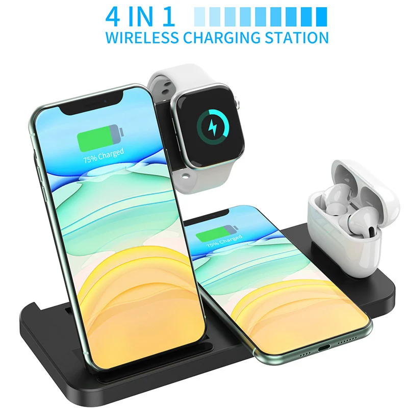 15W Qi Fast Wireless Charger Stand For iPhone 12 11 XR X 8 Apple Watch Airpods Pro iWatch 4 in 1 Foldable Charging Dock Station