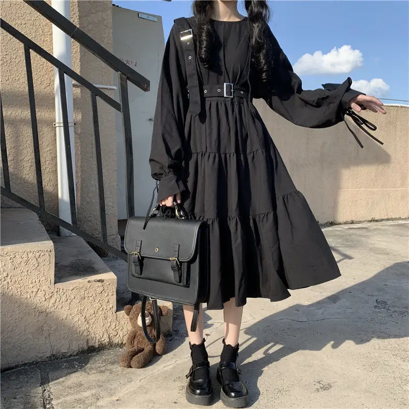 Cute Long Sleeve Black Midi Dress
