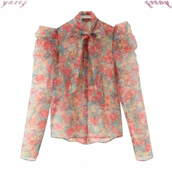 

Flower Printing Women Chic Puff Sleeve Organza Shirt Leisure Lady Stand Collar Bow Tie Blouse Autumn Female Loose Top