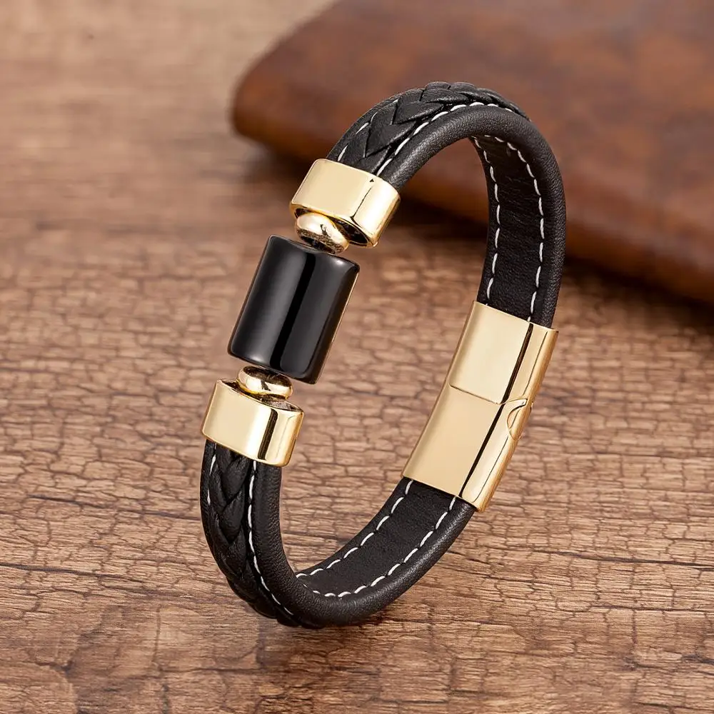 Unisex Men's Genuine Leather Stainless Steel Magnetic Gold clasp Bracelet Brown 