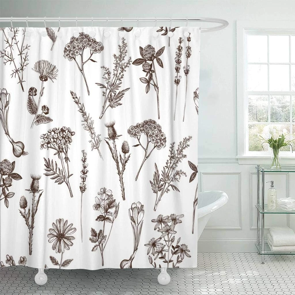 Cortinas de baño diseño botánico con hierbas coloridas con boceto Medicinal Vintage para baño de hierbas|Cortinas de ducha| - AliExpress