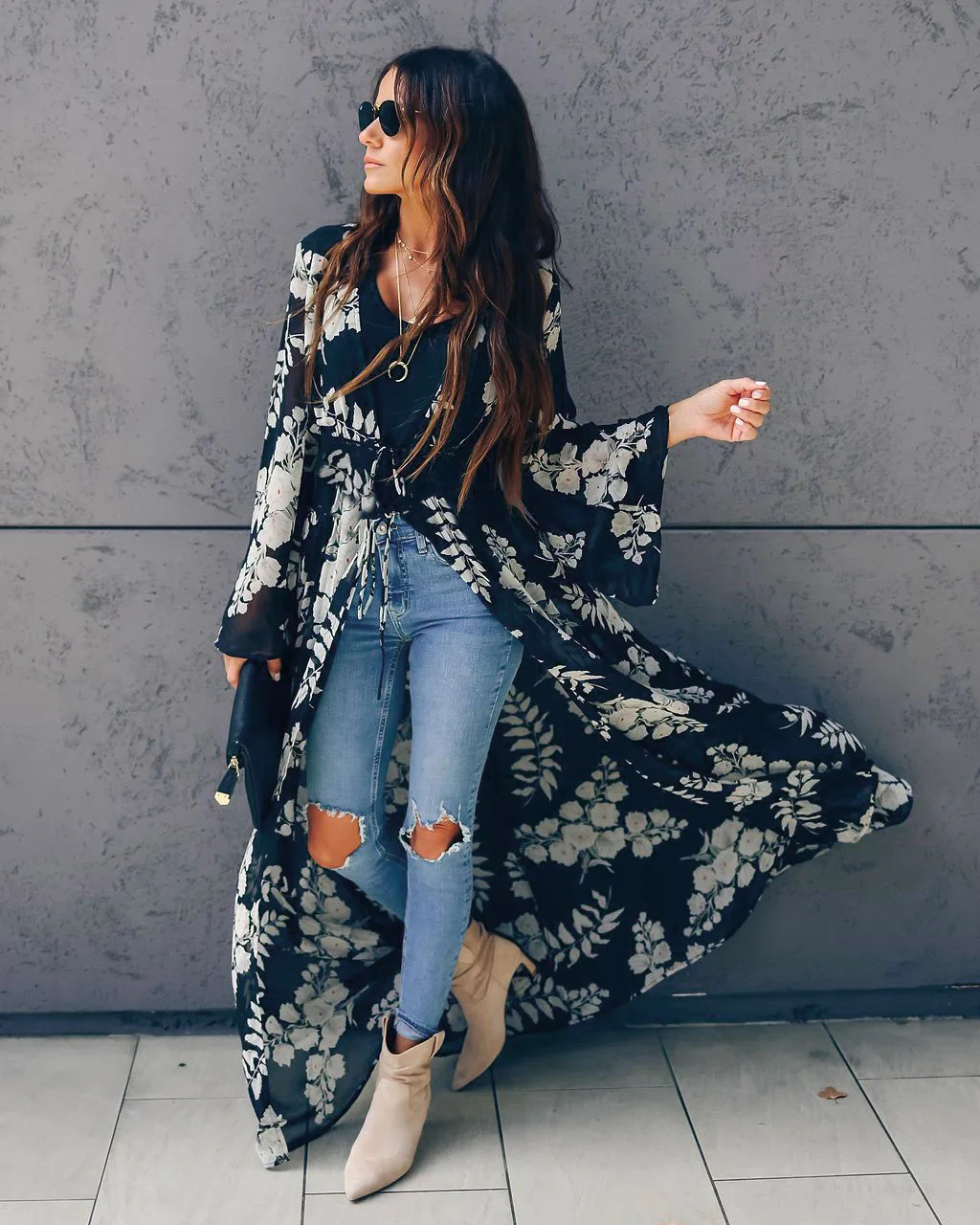 Bikini Cover-ups Boho Printed Long Kimono Cardigan Plus Size White Black Chiffon Tunic Women Beach Wear Swim Suit Cover Up A225