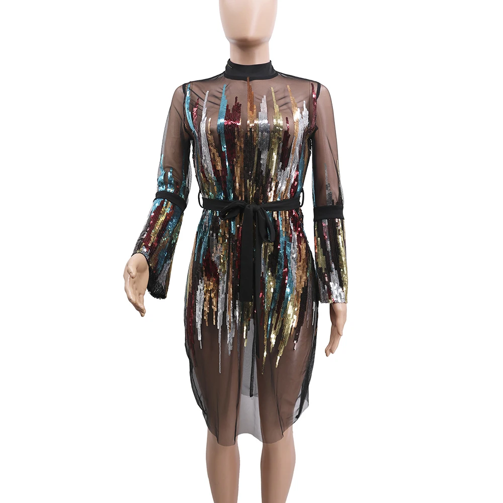 Sexy Ladies Lace Long Sleeve Mesh Mini Dress Autumn Party Evening Femme Vestidos Women Bodycon Sequins Rainbow Striped Dresses | Женская