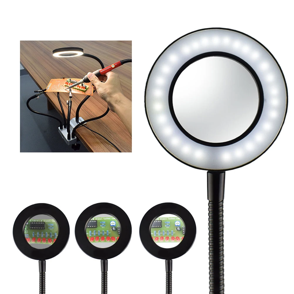 

3X Holder Third Hand Tool Aluminum Base Flexible Arms Magnifier Adjusted Helping Clamp Soldering Station USB Interface Repair