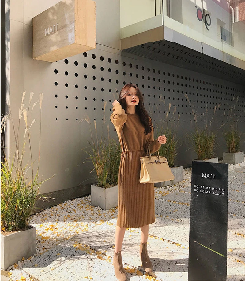 Elegant O-neck Patchwork Autumn Winter Dress Straight Women Sweater Dress Thicken Lace Up Female Jumper Dress Midi Vestidos