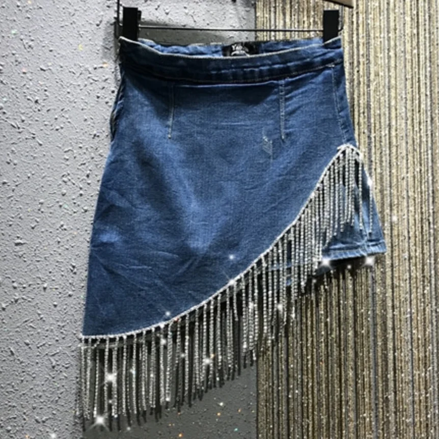 

Rhinestone tassel denim skirt women fashon spring and summer new high waist elastic slim hips irregular skirt