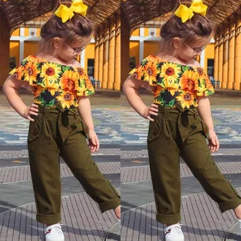 

Newborn Baby girl clothes ropa niña одежда для новорожденных summer Off Shoulder Sunflower Print Tops Bow Pants Outfits Set