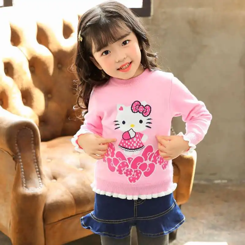 as picture Пуловеры для маленьких мальчиков и девочек с принтом «hello kitty»; детские вязаные хлопковые свитера с Микки Маусом; осенне-зимние пуловеры с круглым вырезом; повседневная детская одежда - Цвет: as picture