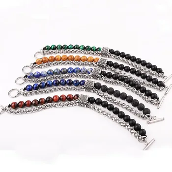 2020 New Design Men Bracelet Stainless Steel Chain Vintage Natural Stone Bracelet Men Jewelry Gift