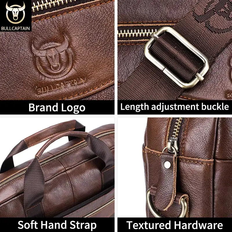 BULLCAPTAIN Briefcase Shoulder Messenger Bags Men's Genuine Leather 14-inch Laptop Bag's Men's Briefcase Office Business Handbag 5