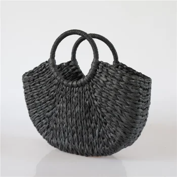 

2019 New Black Bucket Round Grass Bag Hand-woven Rattan Handbag