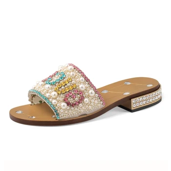 

designer leather flat Rhinestones g sandals summer shoes women crystal slides & ladies slippers fashion luxury 2020 with logo