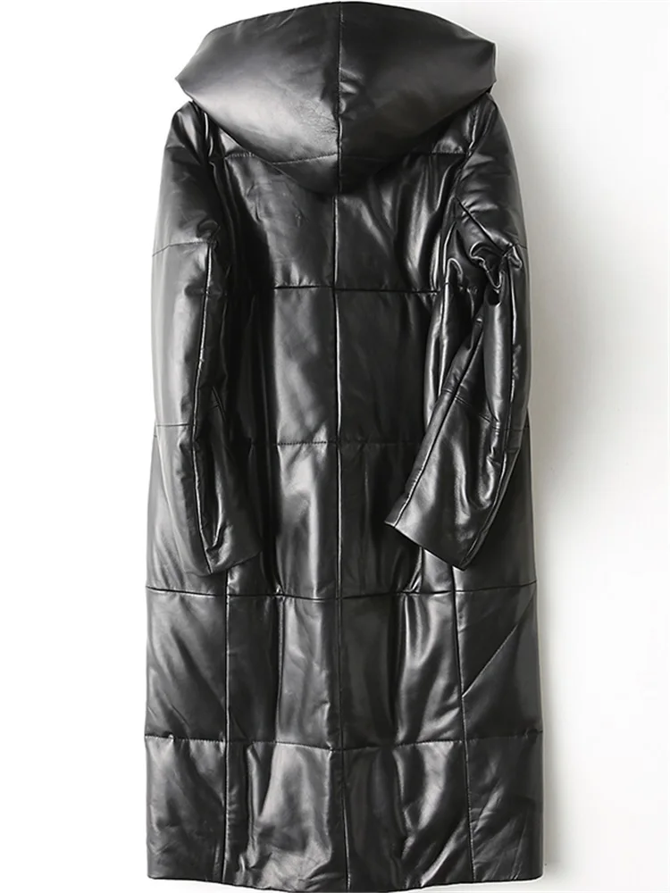 

Real Leather Jacket Women Genuine Sheepskin Leather Long Duck Down Jacket Warm Thick Hooded Overcoat jaqueta feminina
