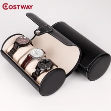 COSTWAY портативная шкатулка из искусственной кожи, органайзер, Цилиндрическая Коробка для часов, Высококачественная коробка для хранения ювелирных изделий W0528