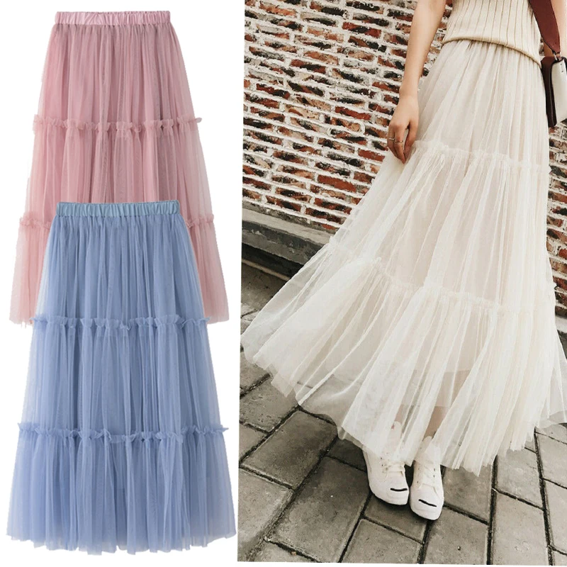 

Goocheer Tulle Skirts Womens Midi Pleated Skirt Star Sequin Irregular Skirt Women Korean Elastic High Waist Mesh Tutu Skirt