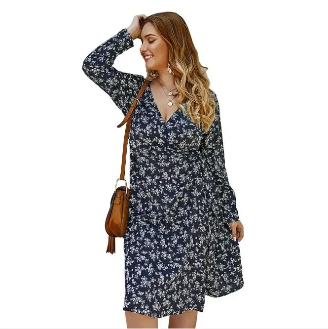 

Spring Dresses Women Plus Size 3XL 4XL Deep V-Neck Long Sleeve Sashes Flower Printed Dark Blue Autumn Floral Dress Femme CL235
