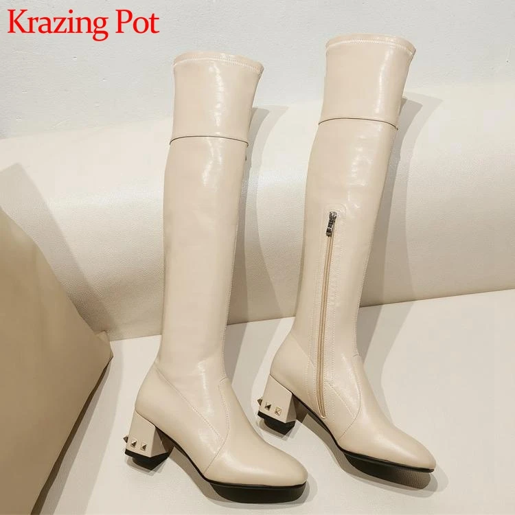 

Krazing Pot new elegant ladies fashion genuine leather round toe high heels rivets zip winter warm women thigh high boots L26