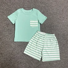 Haut à manches courtes et Short à rayures vertes, vêtements d'été, veste à rayures vertes, vêtements de poche pour garçons