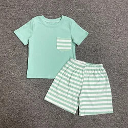 Roupas de verão verde manga curta topo e verde listrado shorts verde listrado jaqueta bolso meninos roupas