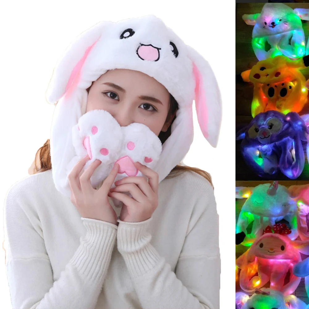 

Rabbit Ear Hat Kawaii Funny Hand Pinching Airbag Long Ear Cap Glow in The Night Cartoon Plush Moving Toy Hat Gifts for Girls
