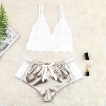 

Pajamas Set Sexy Lace Women V-Neck Stain Camisole Pajamas Bowknot Shorts Set PLUS SIZE трусы шорты женские satynowa pizama W@
