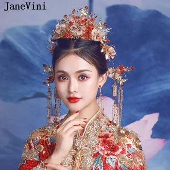 

JaneVini Luxury Chinese Bridal Hair Jewelry Gold Butterfly Hairpins Beaded Wedding Long Tassels Women Jewelry Hair Accessories