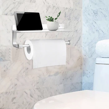 

Wall Mount Toilet Paper Holder Aluminum Tissue Paper Holder Toilet Roll Dispenser with Phone Storage Shelf for Bathroom