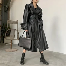 newLautaro Long oversized leather trench coat for women long sleeve lapel loose fit Fall Stylish black women clothing streetwear