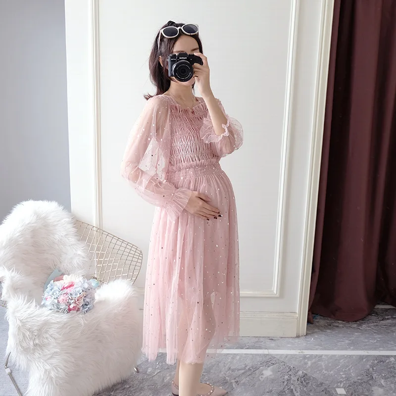 Yarn Gauze Princess Maternity Dresses Pregnancy Clothes For Pregnant Women Dress Elegant Sexy Sequins Vestido Maternity Clothing - Цвет: Розовый