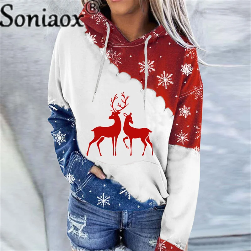 2021 Autumn Winter Clothes Color Matching Women Hoodies Christmas Snowman Print Hoodies Crew Neck Long Sleeve Women Sweatshirts