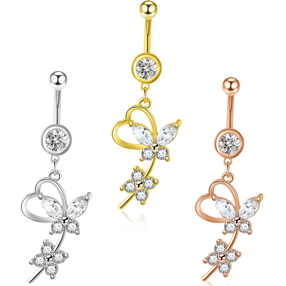 

Sexy Long Belly Ring Cute Heart Navel Piercing Surgical Steel Rose Gold Women Belly Button Ring Navel Jewelry