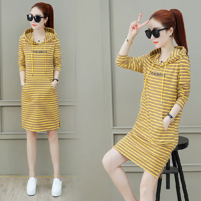 

Autumn And Winter Long Sleeve Casual Dress Loose-Fit Mid-length Hooded Straight-Cut Skirt Stripes Slimming Printed Sheath WOMEN'