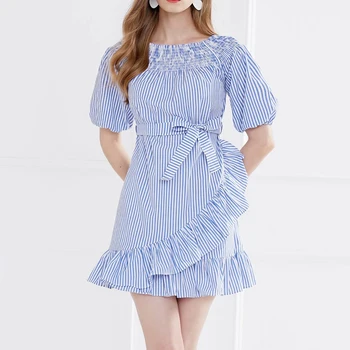 

HIGH QUALITY Newest 2020 Summer Fashion Designer Runway Dress Women's Slash neck Short Sleeve Ruffles Striped Dress