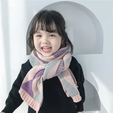 Клетчатый осенне-зимний теплый шарф для мальчиков и девочек, шарфы для студентов, вязаный шерстяной шарф из пряжи, детская одежда для малышей