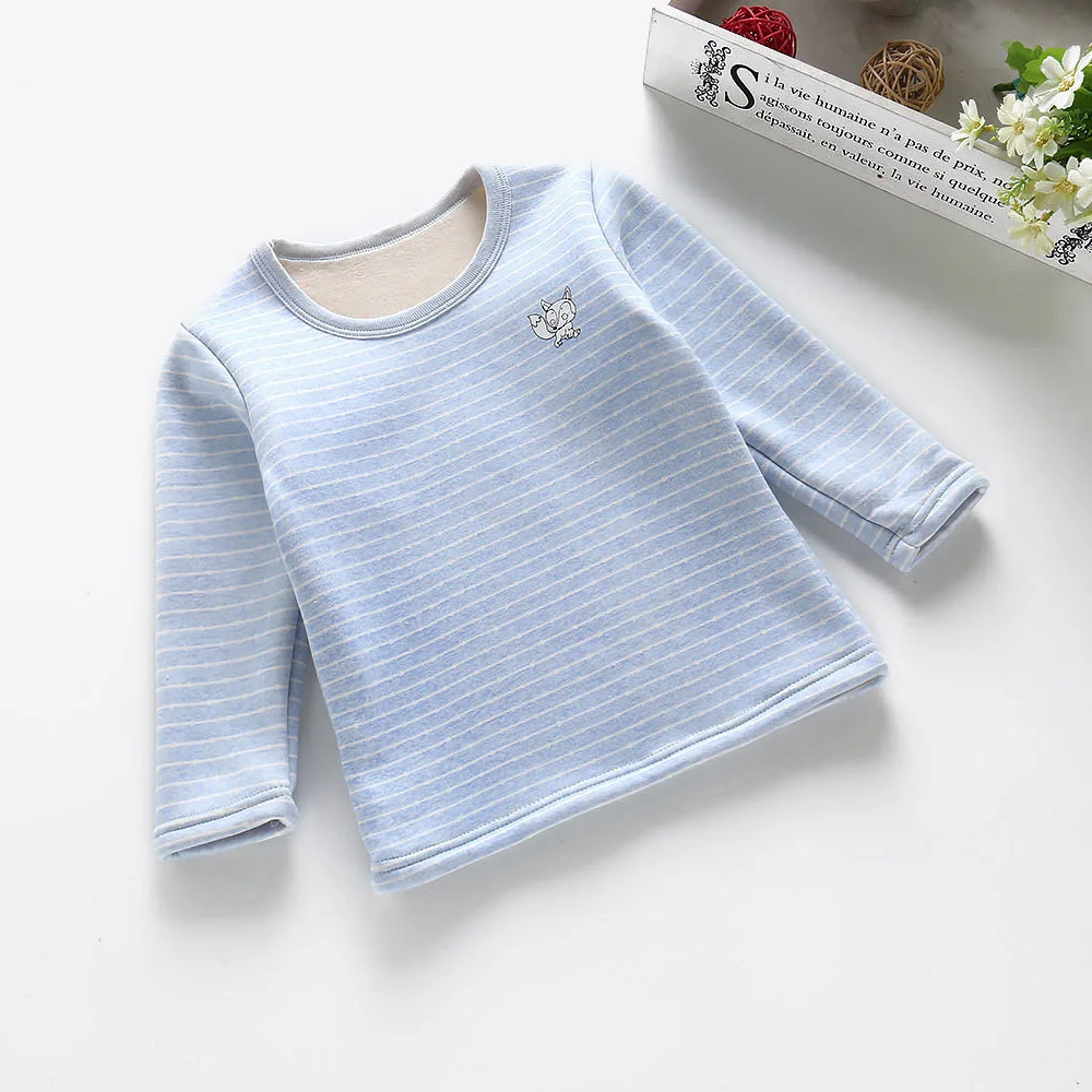 Термобелье для маленьких мальчиков и девочек, футболка, Детские Зимние теплые рубашки, верхняя одежда, плотная одежда для малышей - Цвет: horizontal bar-blue