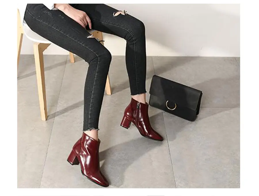 ISNOM/женские ботильоны; коллекция года; женские ботинки из натуральной кожи; женская зимняя обувь на молнии с квадратным каблуком; женская обувь на высоком каблуке; Новинка