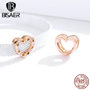 

Heart Beads BISAER 925 Sterling Silver Love Heart Beads Zircon Charms fit DIY Women Bracelets Jewelry Accessories ECX106