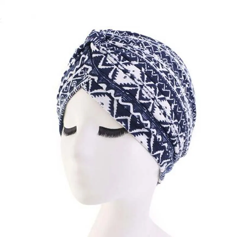 XEONGKVI Национальный Ветер Индии Skullies Beanies весна осень брендовые хлопковые шапки для женщин тюрбан шапочка для химиотерапии - Цвет: geometric navy blue