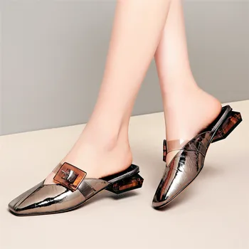 

Karinluna On Sale 2020 Summer Slipper Sandals Genuine Leather Chunky Heels Skin Mules Pumps Woman Shoes Women