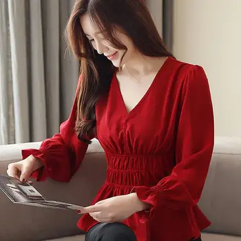 

Autumn Fashion Women Chiffon Blouses Long Sleeve V-Neck Shirts Casual Ruffled Office Lady Plus Size Tops
