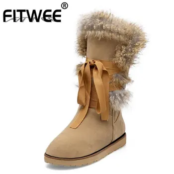

FITWEE 2020 New Women Snow Boots Warm Fur Winter Shoes Women'S Lace Up Plush Mid Calf Boots Fashion Flats Footwear Size 34-43