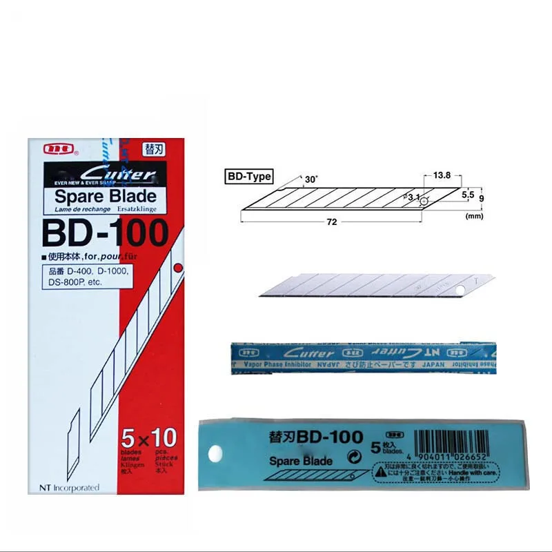 NT Cutter Spare Replacement Blade BD-100 small art blade 9mm 30 degrees 50blades/Pack For D-400 D-1000 C-400 C-1500 cutting tool trimming blade