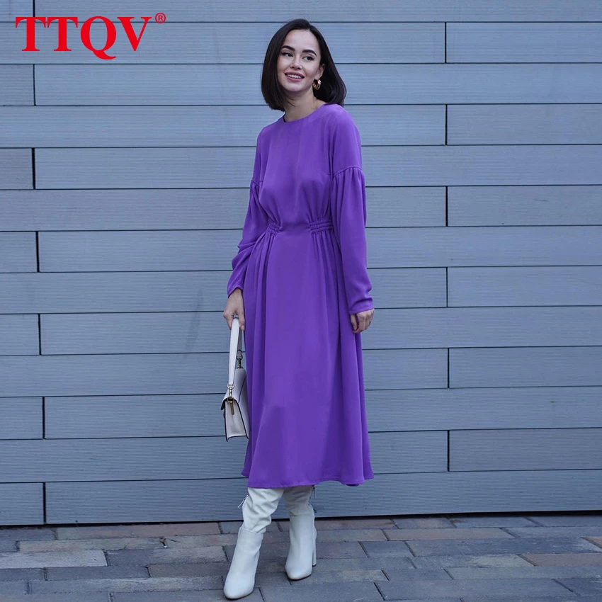 Зимнее фиолетовое офисное женское платье TTQV с круглым вырезом повседневные