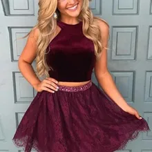 A-Line/принцесса кружева атласа Холтер без рукавов из двух частей Короткие/Мини-платья