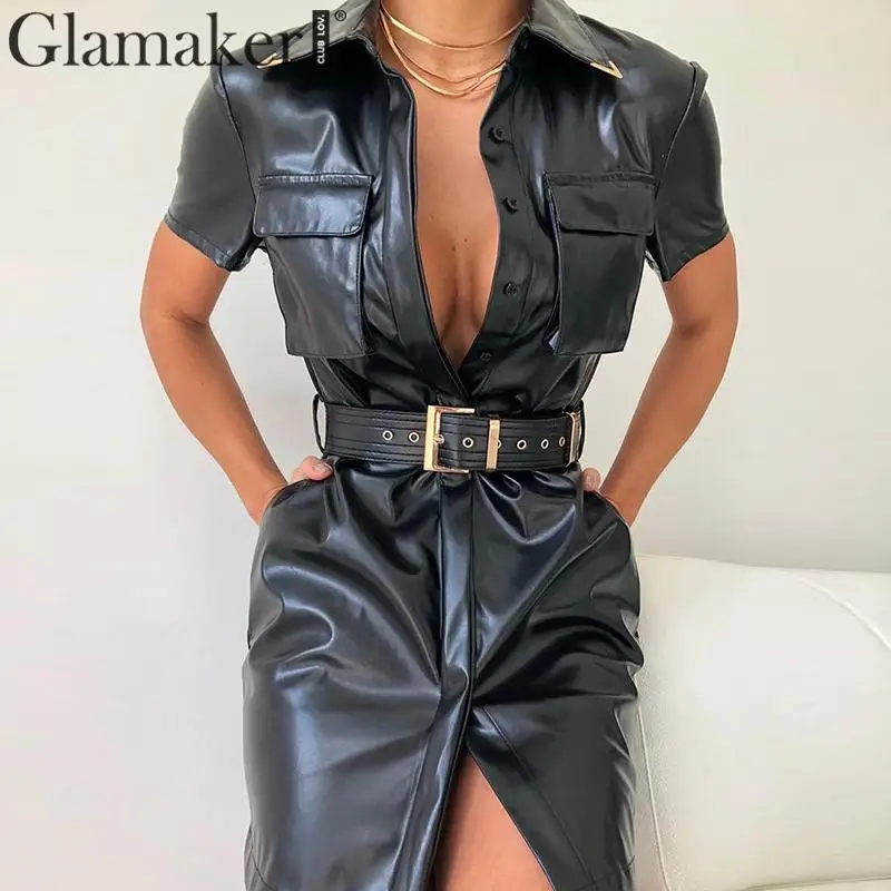 

Glamaker PU leather pocket belt office black dress Women short sleeve streetwear fashion dress Spring sexy elegant party dress