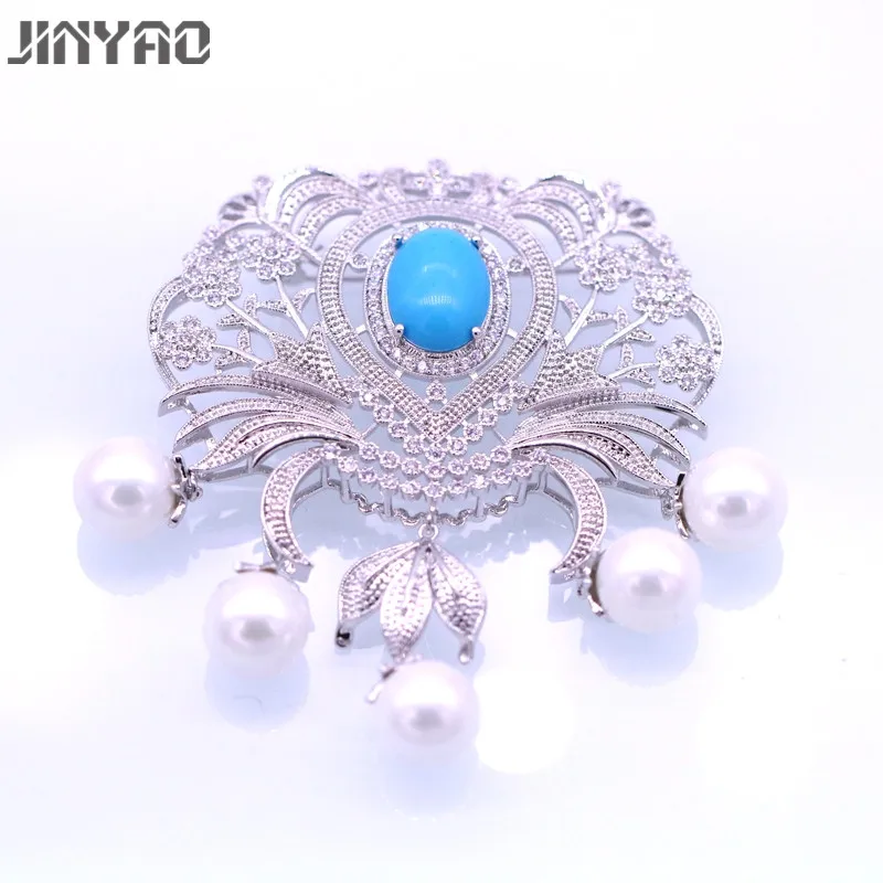 JINYAO винтажная Цветочная жемчужина и голубой камень AAA кубический циркон брошь золотистого цвета булавка/Подвеска для женщин универсальная бижутерия